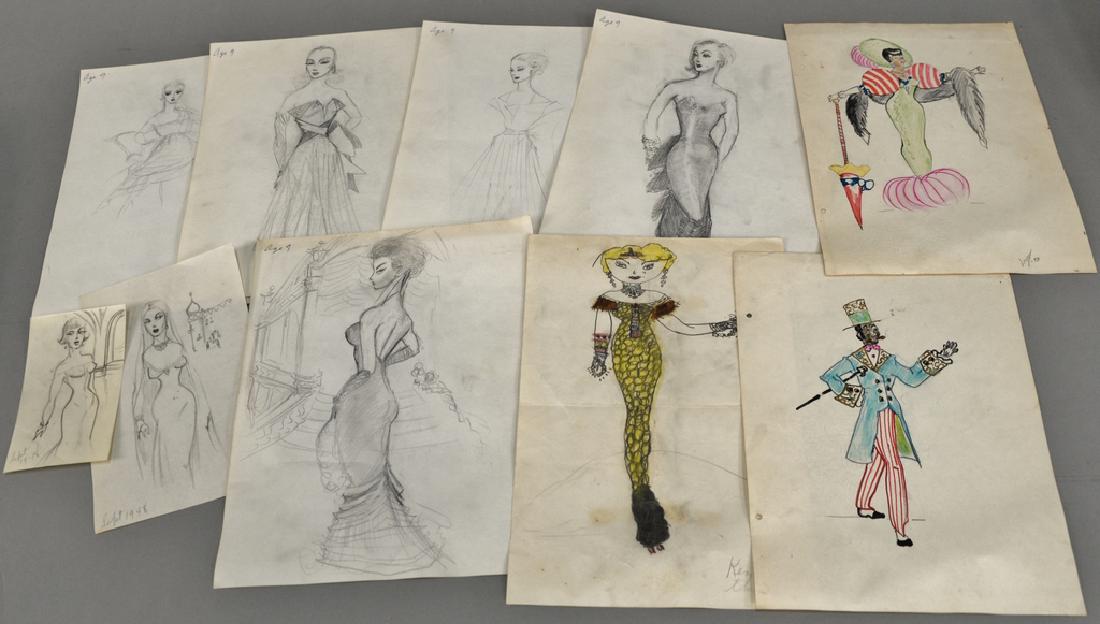 Large group of Kenneth Lane pencil sketches and: Large group of Kenneth Lane pencil sketches and ephemera, four tray lots with approximately 200 pieces, mostly shoe sketches with notes of clasps and materials along with five portrait sketches of ele
