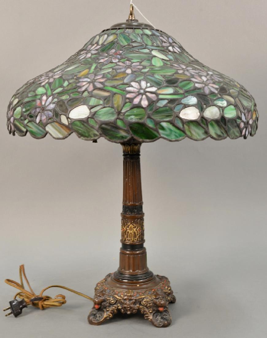 Leaded table lamp with pink flowers. ht. 25 in., dia. (1 of 5)