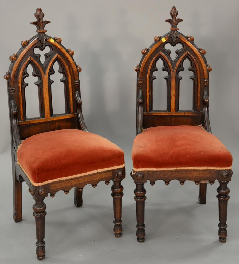 Pair of walnut and oak Gothic side chairs. ht. 43 in. (1 of 6)