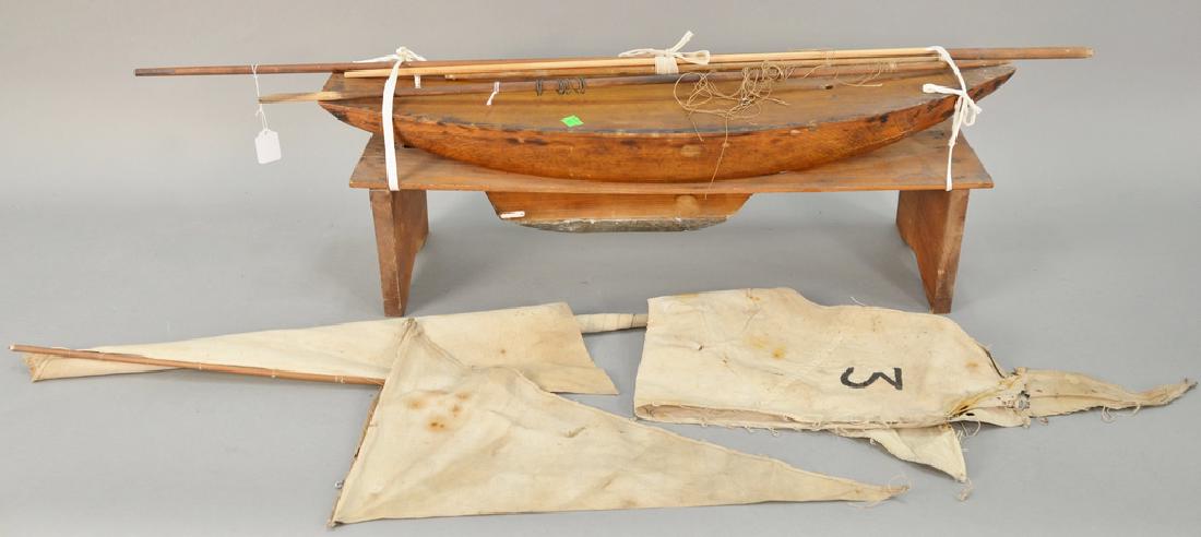 Pond boat with sails in blue box designed and built: Pond boat with sails in blue box designed and built 1900 by Harry Saunders Saunderstown R.I. lg. 30 in. Being sold to benefit a Connecticut Museum. *IMPORTANT NOTE: No credit card payments will be acc