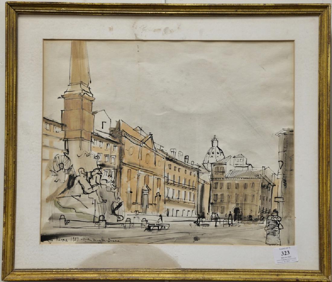 Teddy Millington-Drake (1932-1994), watercolor on: Teddy Millington-Drake (1932-1994), watercolor on paper, Navana 1957 street scene, signed, titled, and dated lower left. sight size 13" x 16 1/4" Provenance: Estate of Kenneth Jay Lane*IMPORTANT NOTE: