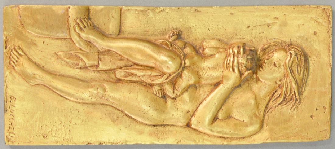 Brunn Lucchesi (b. 1926), bronze plaque of nude mother: Brunn Lucchesi (b. 1926), bronze plaque of nude mother with child, signed lower right: B. Lucchesi. lg. 5 3/4 in.*IMPORTANT NOTE: No credit card payments will be accepted for silver, gold, or jewelry 