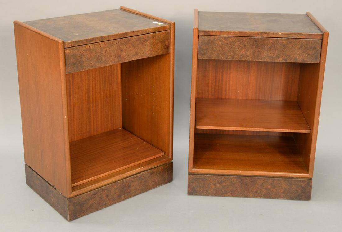 Pair of Harvey Probber end tables, solid Mahogany and: Pair of Harvey Probber end tables, solid Mahogany and Burl Veneer. ht. 24 in., wd. 19 in., dp. 14 in.