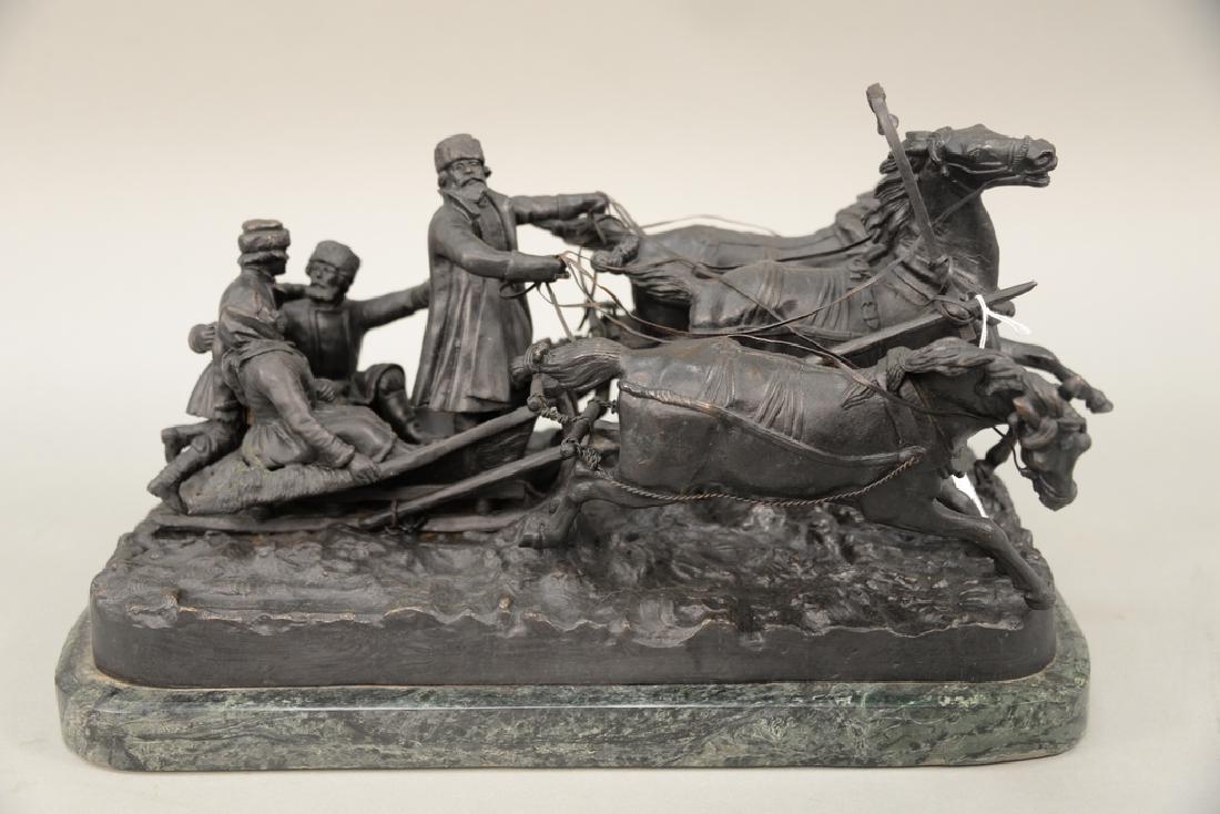 After Vasily Grachev Russian bronze Speeding Troika,: After Vasily Grachev Russian bronze Speeding Troika, base marked: E. Hancz. ht. 11 in., lg. 19 in.