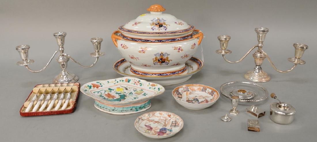 Group lot to include pair of sterling silver: Group lot to include pair of sterling silver candelabra, tureen under plate (ht. 10 in., lg. 12 in.), and three Chinese dishes.