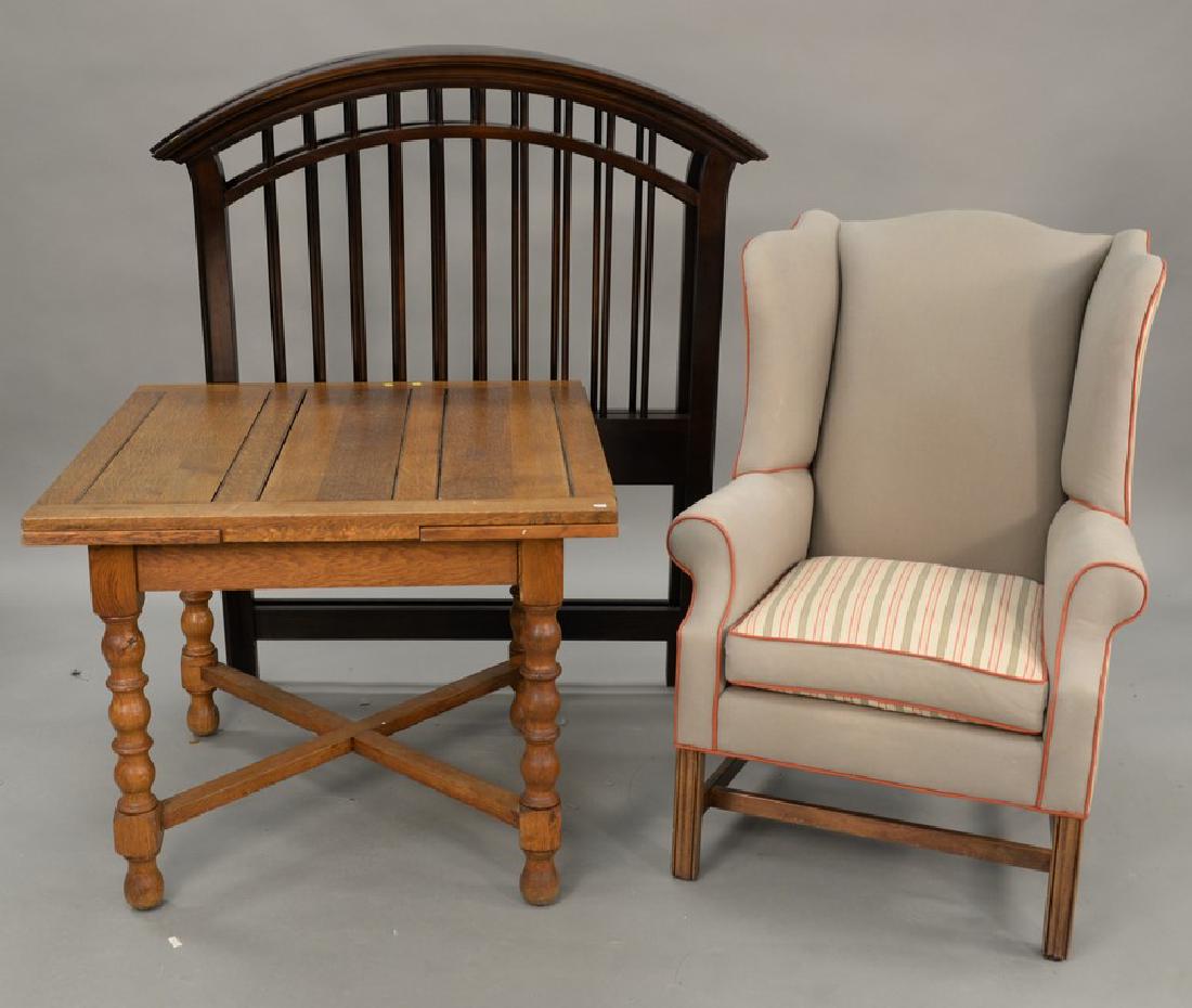 Group lot to include a wing chair, oak table, hanging: Group lot to include a wing chair, oak table, hanging light, headboard, and three framed pieces, ht. 29 in., top: 36'' x 30''