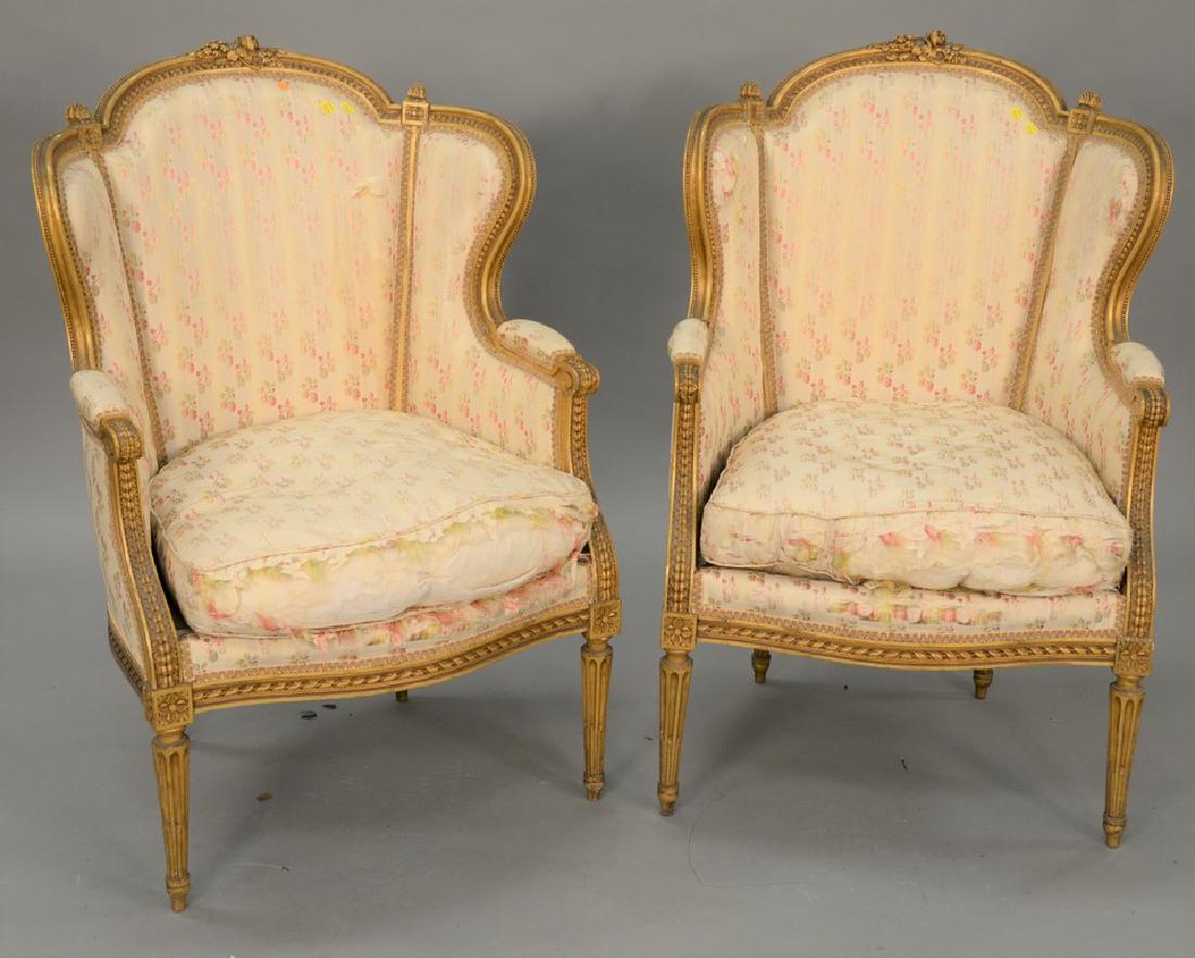 Pair of Louis XVI style bergere with gilt frames (in: Pair of Louis XVI style bergere with gilt frames (in need of upholstering). ht. 40 1/2 in.