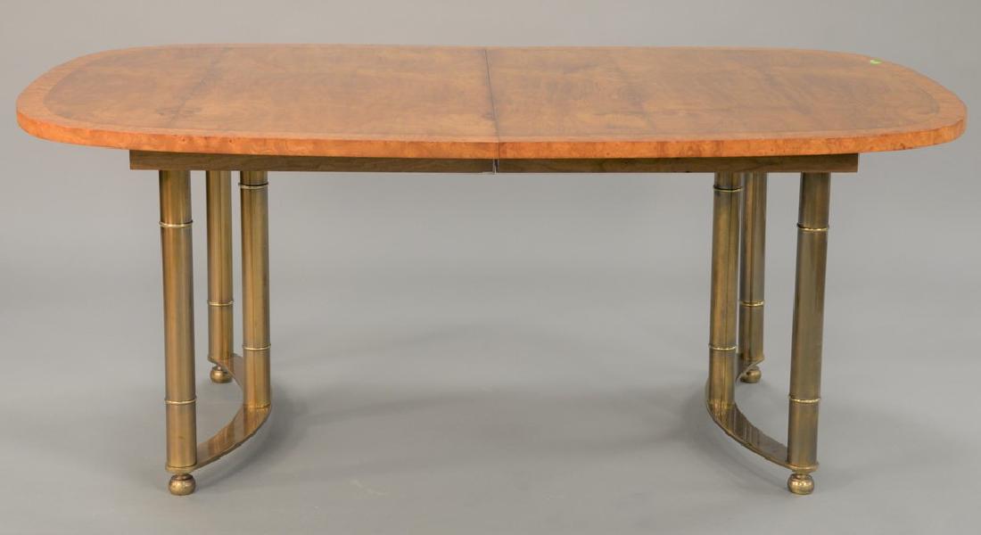 Harvey Probber burl top table with banded inlay, brass: Harvey Probber burl top table with banded inlay, brass legs, and two 20 inch leaves. ht. 29 1/2 in., top: 45" x 72", opens to 112 in.
