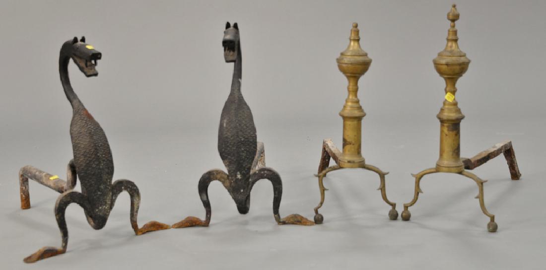 Two pairs andirons, iron with dragon bodies ht. 20 1/2: Two pairs andirons, iron with dragon bodies ht. 20 1/2 in., and Federal brass and irons ht. 21 1/2 in. (one tip missing).