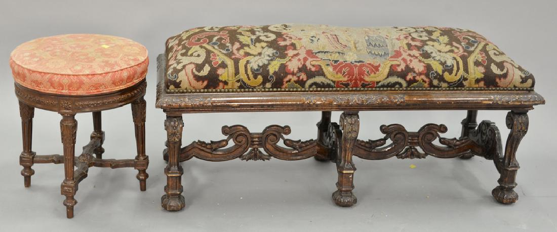 Two piece lot including Continental style bench with: Two piece lot including Continental style bench with needlepoint top (ht. 20 in., lg. 46 in.) and a Louis XVI style stool (ht. 18 in., dia. 15 1/2 in.). Provenance: From an estate in Lloyd Harbor, Lon