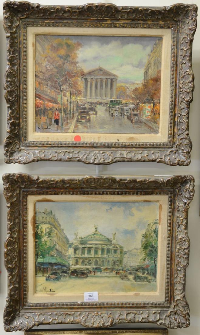 Pair of Charles Blondin (1913-1991) oil on canvas,: Pair of Charles Blondin (1913-1991) oil on canvas, Parisian street scenes, Rue Animee a la Madeleine and Palais Garnier, both signed C. Blondin. 10 3/4" x 13 3/4" Provenance: From an estate in Lloyd H