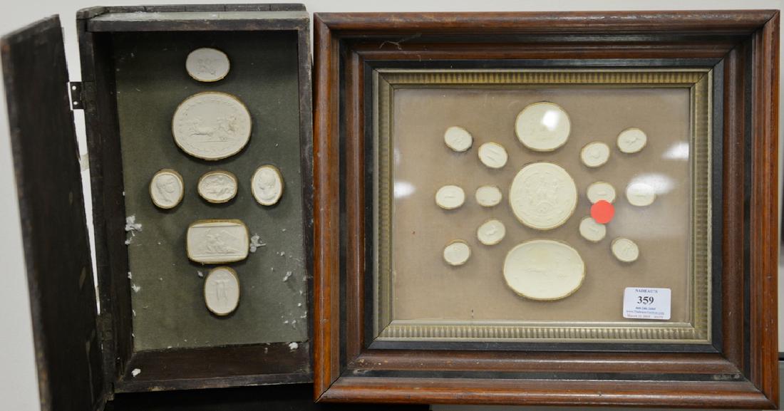 Collection of twenty-two white plaster Grand Tour: Collection of twenty-two white plaster Grand Tour Intaglios in shadow box frame and painted green book box. 12" x 14" framed Provenance: From an estate in Lloyd Harbor, Long Island, New York