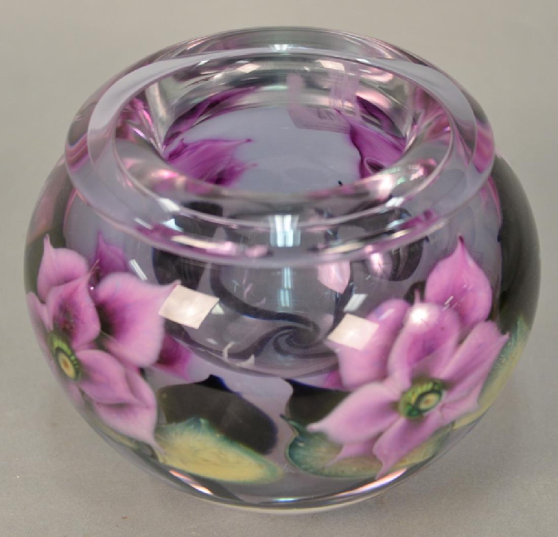 Daniel Lotton art glass vase, purple flowers and green: Daniel Lotton art glass vase, purple flowers and green leaves rose bowl signed and dated on bottom Daniel Lotton 2006. ht. 5 in.