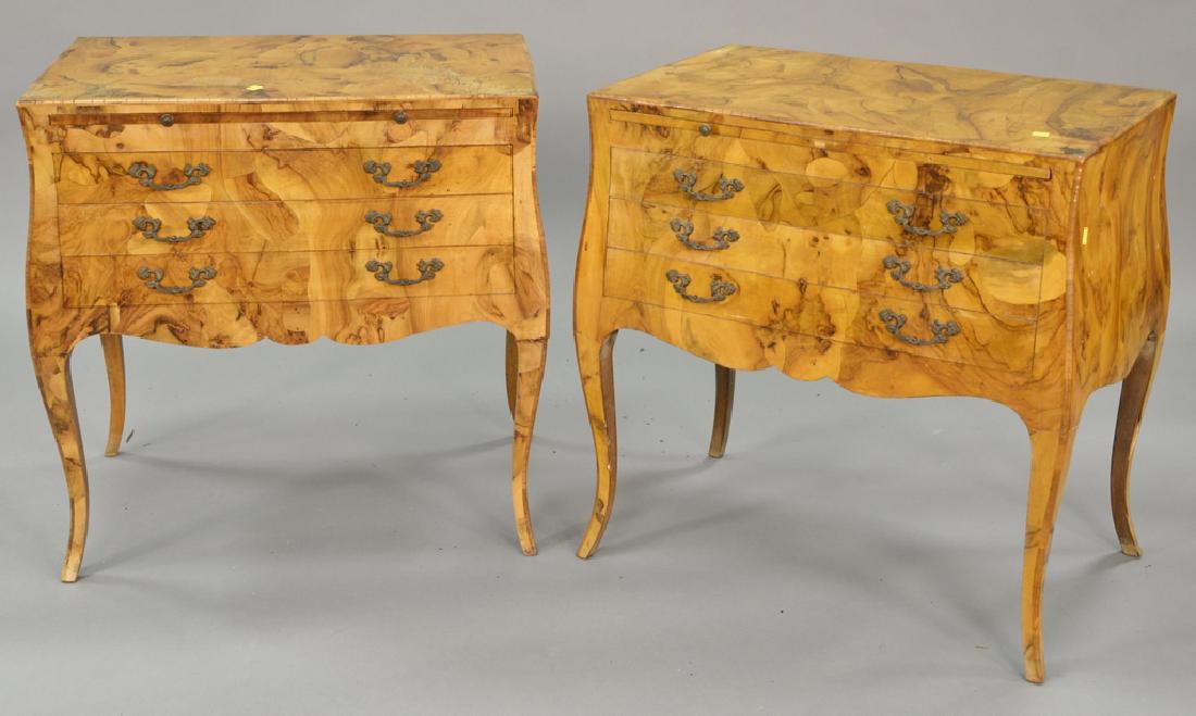 Three piece lot of burlwood commodes (veneer damage on: Three piece lot of burlwood commodes (veneer damage on lower legs). ht. 20 in., top: 18" x 28" Provenance: From an estate in Lloyd Harbor, Long Island, New York