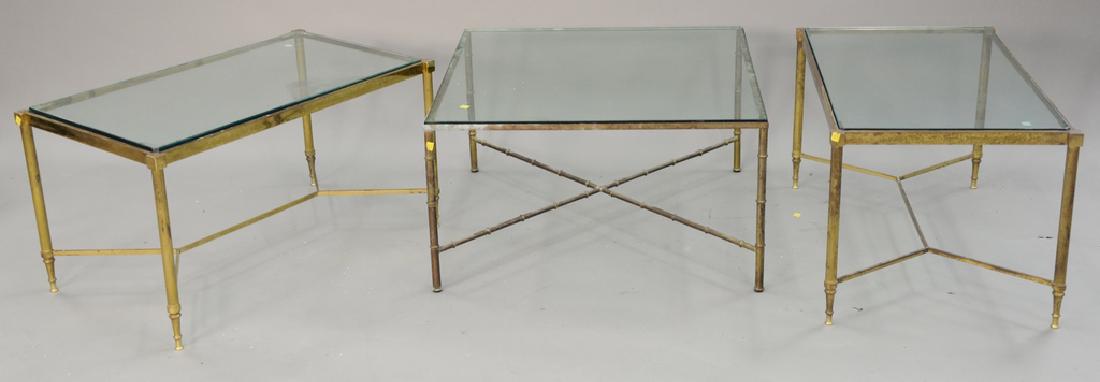 Three glass top brass coffee tables (glass with chips).: Three glass top brass coffee tables (glass with chips). ht. 17 in., 18 1/2 in. & 18 1/2 in.