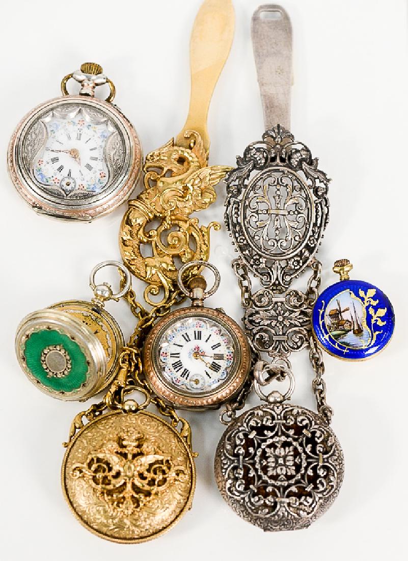Group of six pocket and lapel watches to include green (1 of 8)