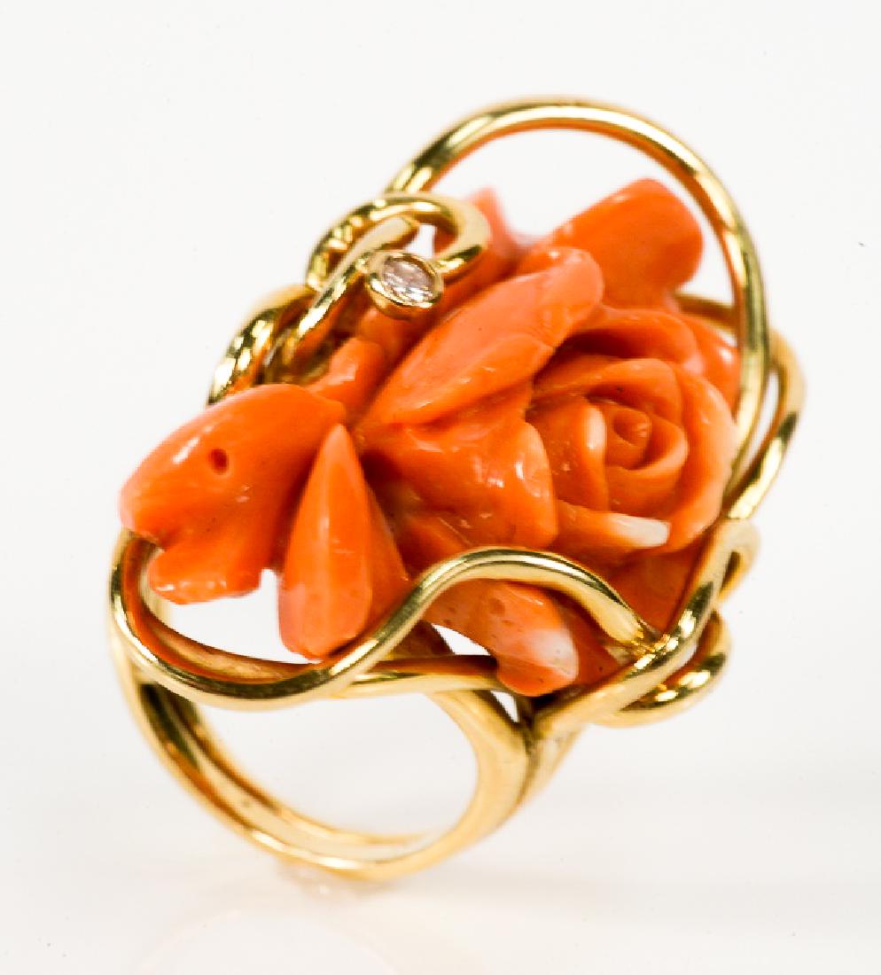 14 karat gold ring set with floral carved coral and one (1 of 5)