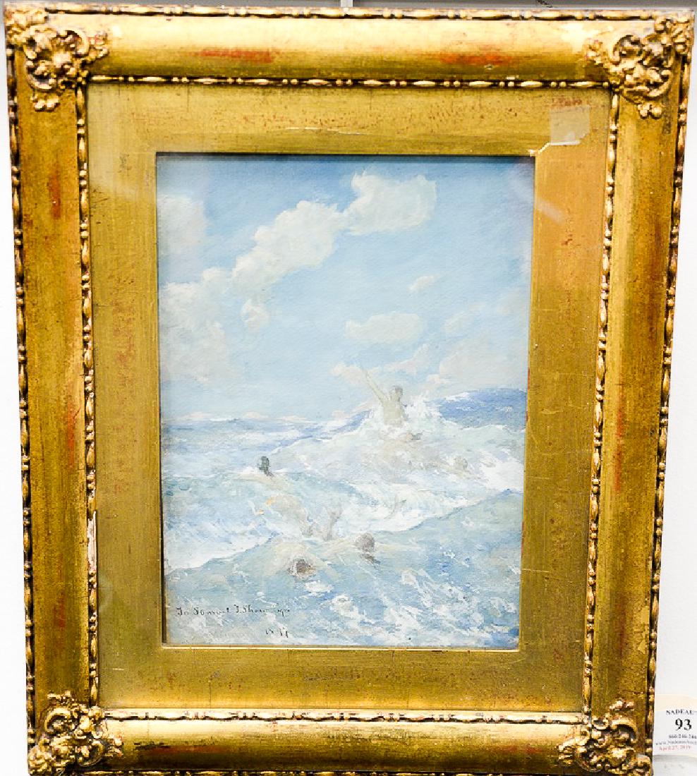 George Willoughby Maynard (1843-1923), oil on board,: George Willoughby Maynard (1843-1923), oil on board, Girls Swimming in Ocean, marked lower left: To Samuel T. Shaw Esq 1897 Maynard. 10 1/4" x 7 1/2"