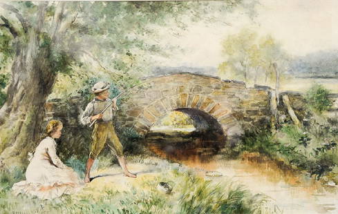 Percival De Luce (1847-1914), watercolor, Young Boy: Percival De Luce (1847-1914), watercolor, Young Boy Fishing with Girl, signed lower left: Percival Deluce, sight size 11 3/4" x 18 3/4"