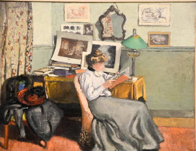 Albert Andre (1869-1954), oil on canvas, Interior,: Albert Andre (1869-1954), oil on canvas, Interior, "Femme Lisant", signed top left: Alb. Andre, relined, having old paper label on verso with title and artist name, 20" x 25" Provenance: Christ