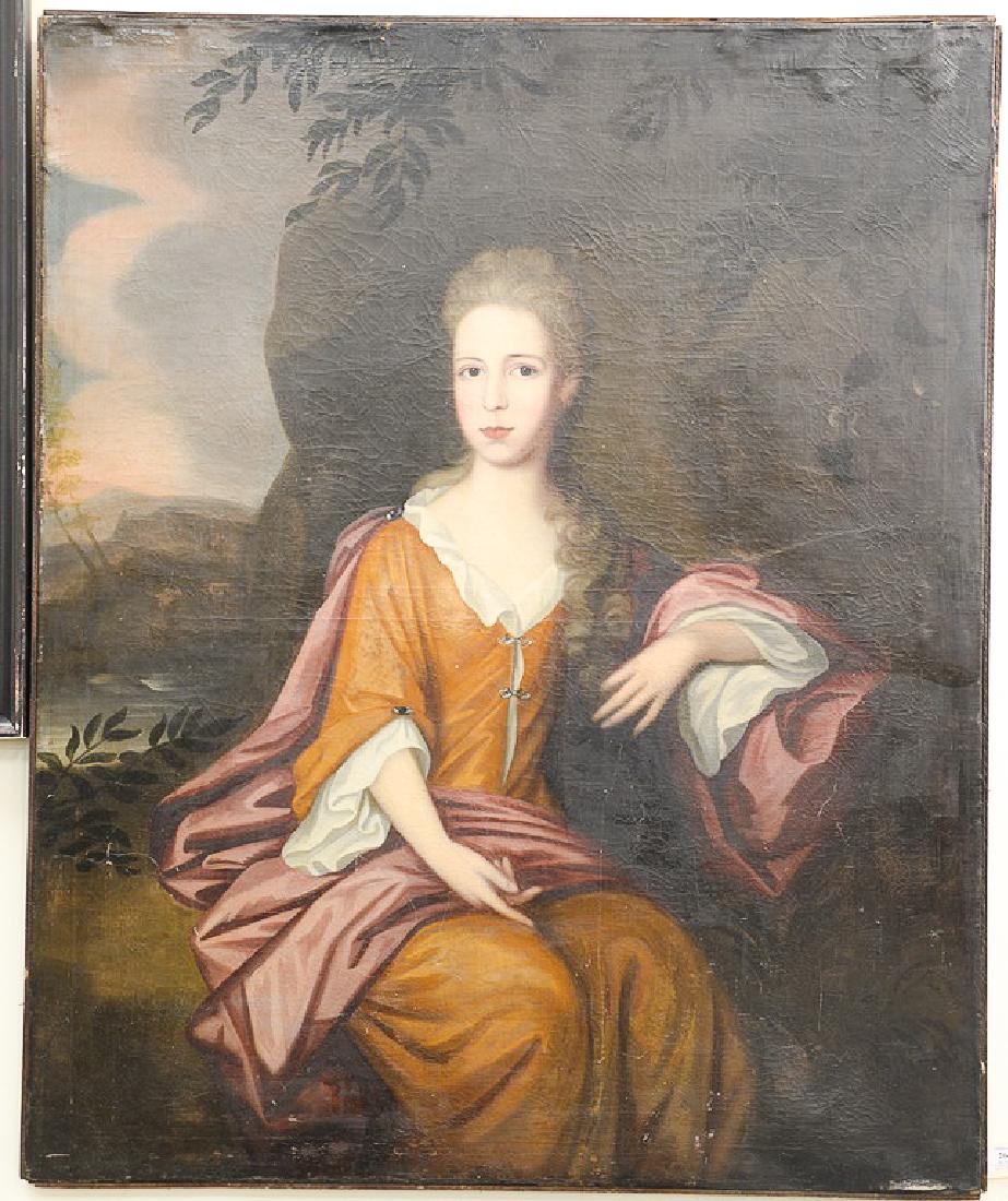 Large oil on canvas portrait, elegant woman with: Large oil on canvas portrait, elegant woman with landscape background, unsigned, with possible attribution to John Greenwood (1727-1792) 49 1/2" x 40 1/2"