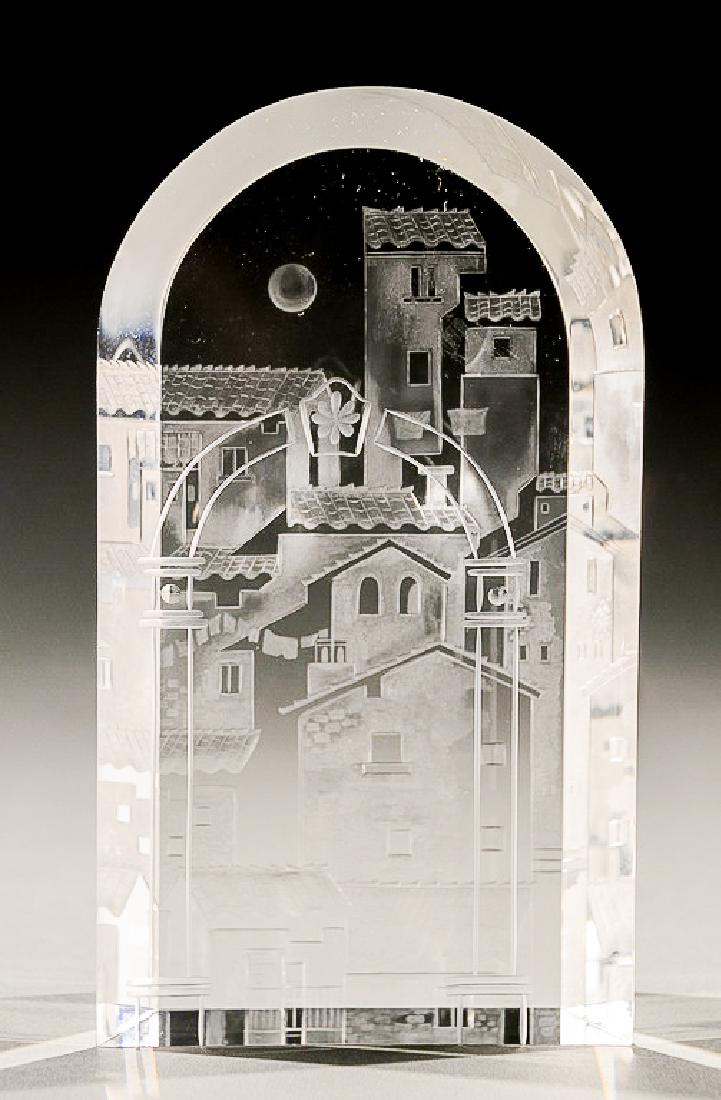 Steuben glass sculpture, Town on Hillside, signed on (1 of 4)