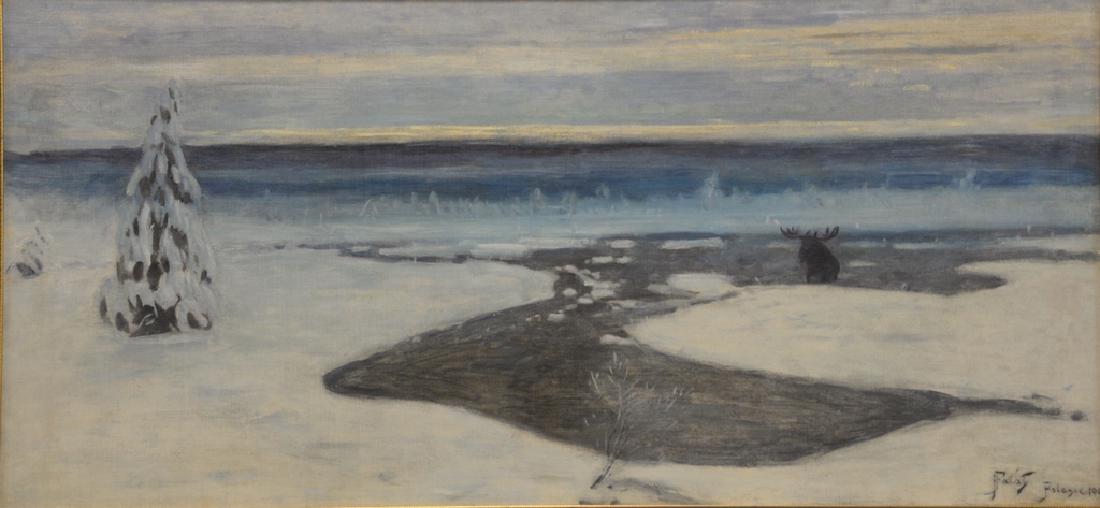 Julian Falat (1853-1929), oil on canvas, Winter Land: Julian Falat (1853-1929), oil on canvas, Winter Landscape with River and Moose, From Polesie, signed and dated lower right: J. Falat, Polesie 1900, relined and restretched, 25" x 52 3/4" Provenance: E