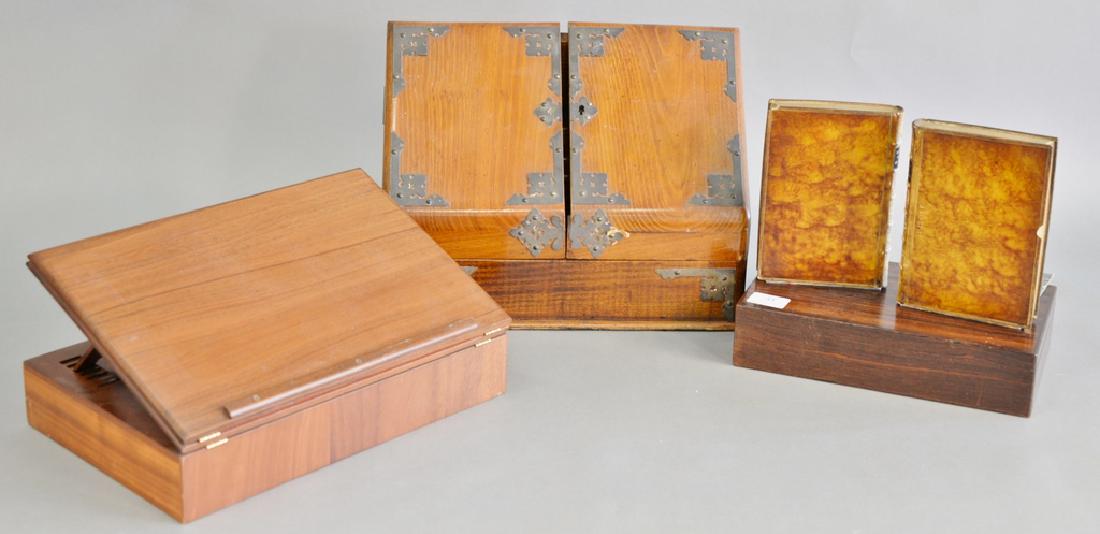 Jefferson Collection Levenger custom mahogany writing: Jefferson Collection Levenger custom mahogany writing lap desk, letter box (ht. 11 1/4 in., wd. 15 in.), rosewood box, and pair of bookends (ht. 7 1/2 in.).