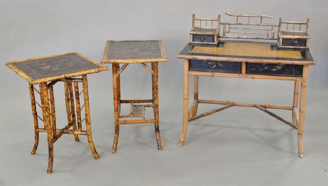 Three piece Bamboo Victorian lot to include a desk with: Three piece Bamboo Victorian lot to include a desk with leather top (ht. 37 in., top: 23" x 37") and two lacquer top side tables (tops: 20" x 20" & 17 1/2" x 26").