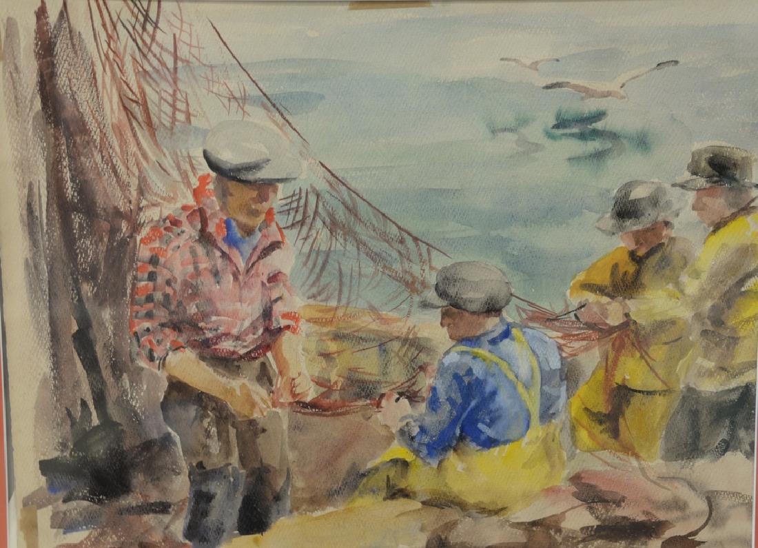 Vollian Burr Rann (1897-1956), watercolor on paper,: Vollian Burr Rann (1897-1956), watercolor on paper, original watercolor sketch for "Checking the Nets", Found on back of watercolor on paper of North Carolina home, signed lower right: V.B. Rann, 15" 
