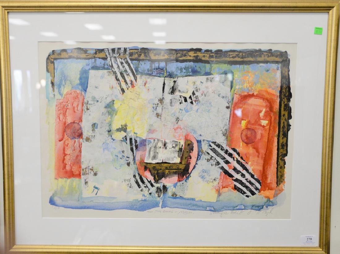 Shraga Weil (1918-2009) watercolor, "The Book of: Shraga Weil (1918-2009) watercolor, "The Book of Wisdom", pencil signed and titled, having Pucker/Safrai Gallery label on verso, 18" x 25 1/2"