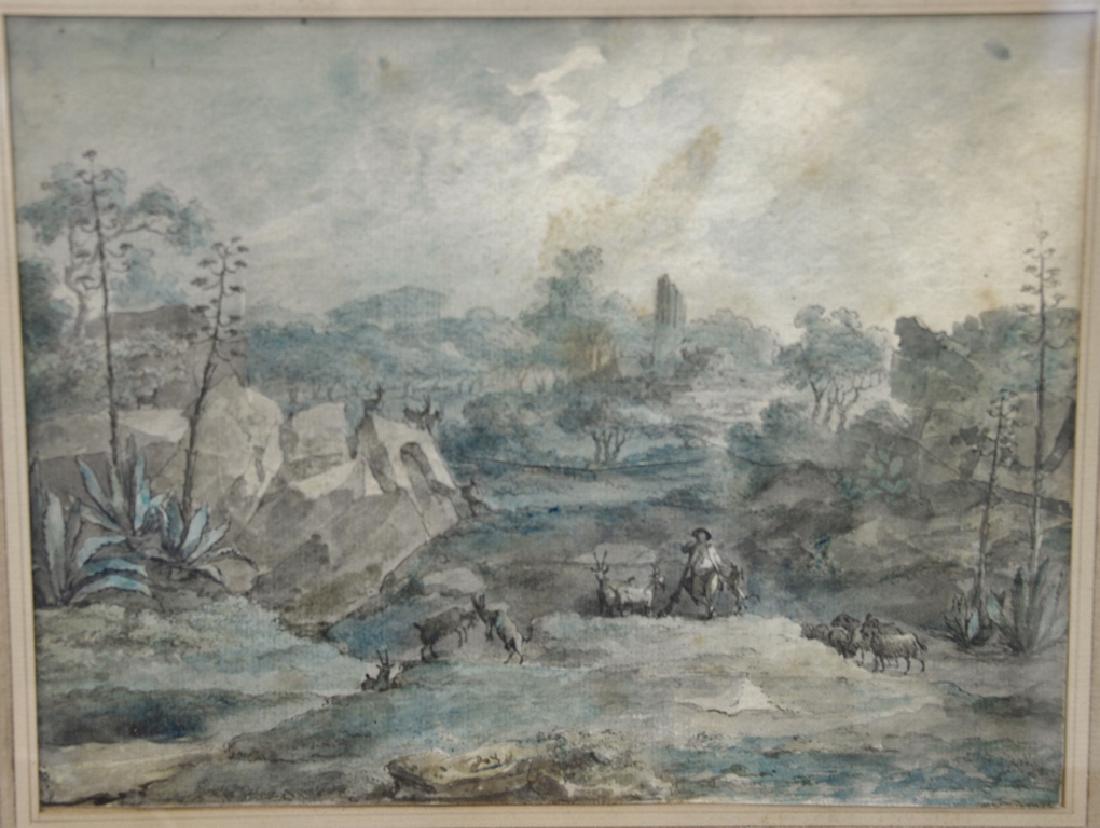 Attributed to Jean-Baptiste Pillement (1728-1808),: Attributed to Jean-Baptiste Pillement (1728-1808), watercolor on paper, landscape paintings, herding rams with ruins and colosseum in background, sight size 8" x 10 1/4".