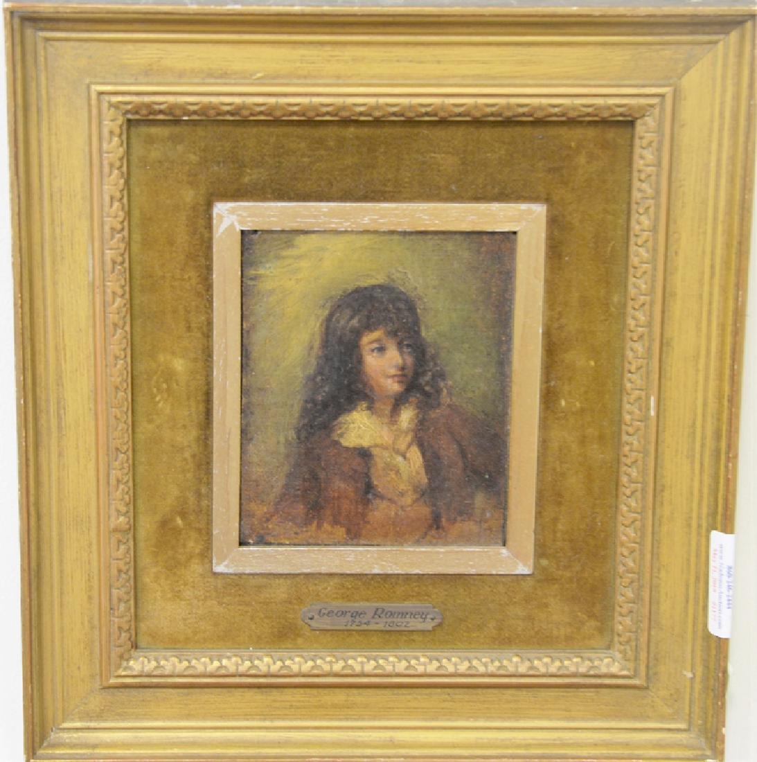 Attributed George Romney (1734-1802), oil on canvas: Attributed George Romney (1734-1802), oil on canvas laid on panel, portrait of Master Winchmore Henry Eyre Hartley, unsigned, having Elliott Galleries label on verso, 4 1/2" x 3 3/4".