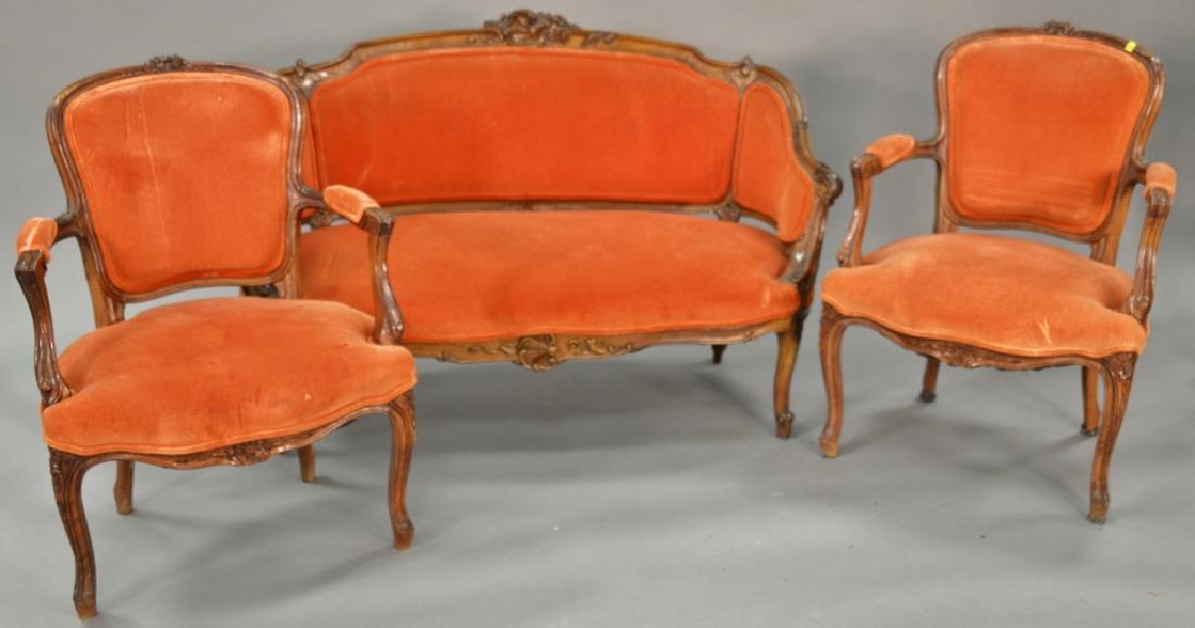 Three piece lot to include Louis XV style loveseat (lg.: Three piece lot to include Louis XV style loveseat (lg. 50 in.) and a pair of fauteuil. Provenance: From an estate in Lloyd Harbor, Long Island, New York