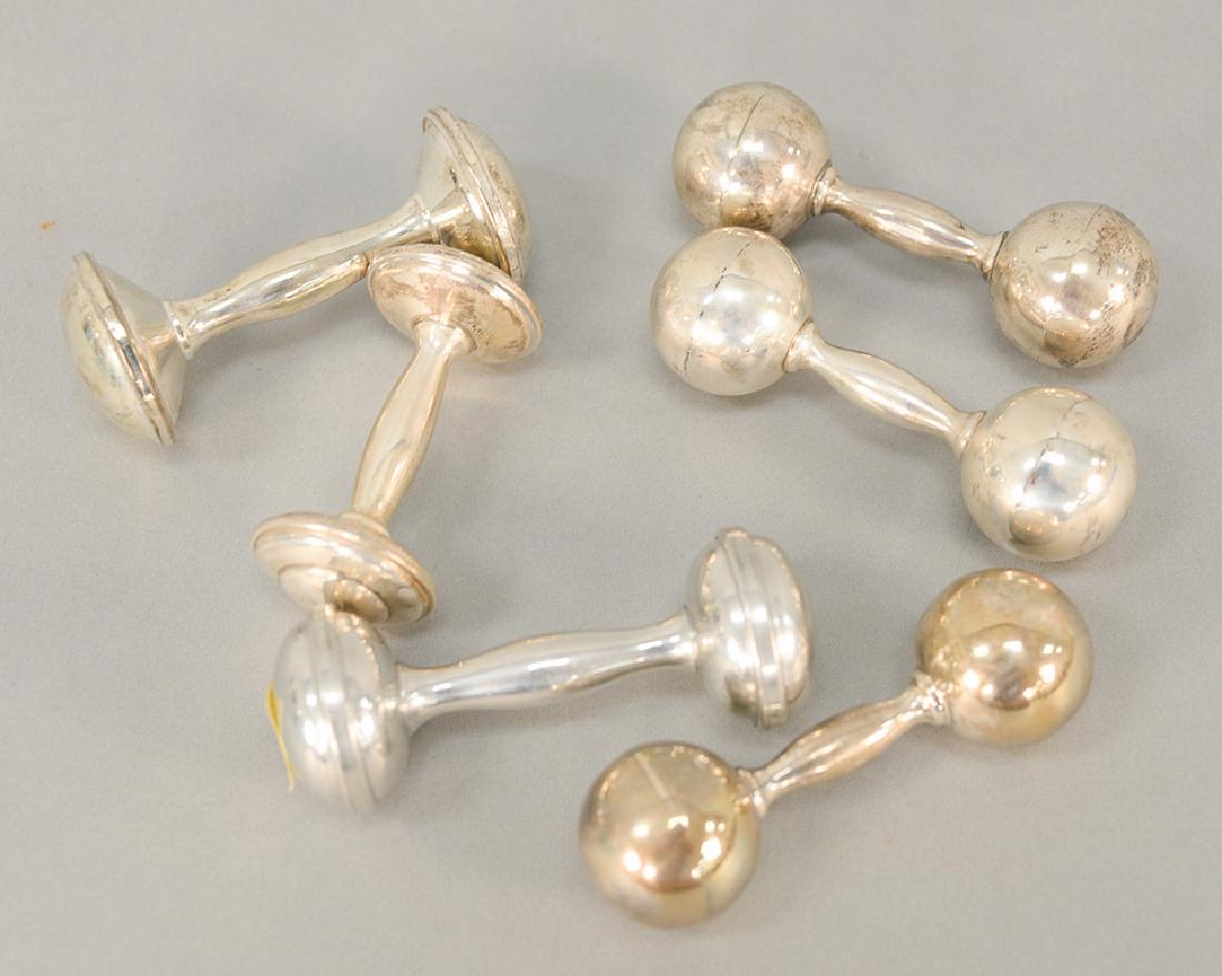 Group of six baby rattles to include three Tiffany: Group of six baby rattles to include three Tiffany sterling rattles with boxes. lg. 3 1/2 in. to 4 1/4 in. Provenance: From the Estate of Deborah G. Black of Greenwich, Connecticut