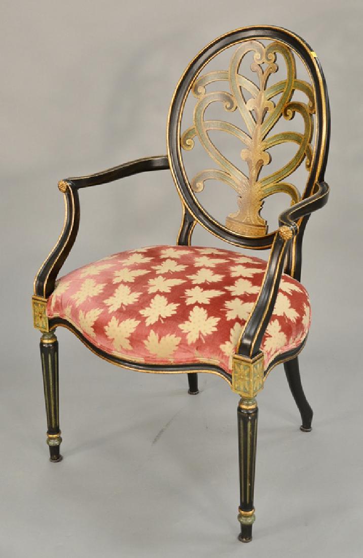 George III style painted wood open armchair, oval back: George III style painted wood open armchair, oval back with pierced scrolled backsplat, above a shaped seat, raised on turned fluted legs. Provenance: From the Estate of Deborah G. Black of Greenwich,