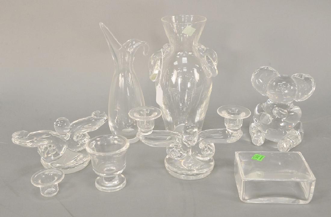 Seven piece Steuben crystal group to include large: Seven piece Steuben crystal group to include large Steuben koala bear in original fitted leather box (ht. 5 1/4 in.), two vases, box pair of candelabras (as is), and a toothpick holder. ht. 2 in. to 9