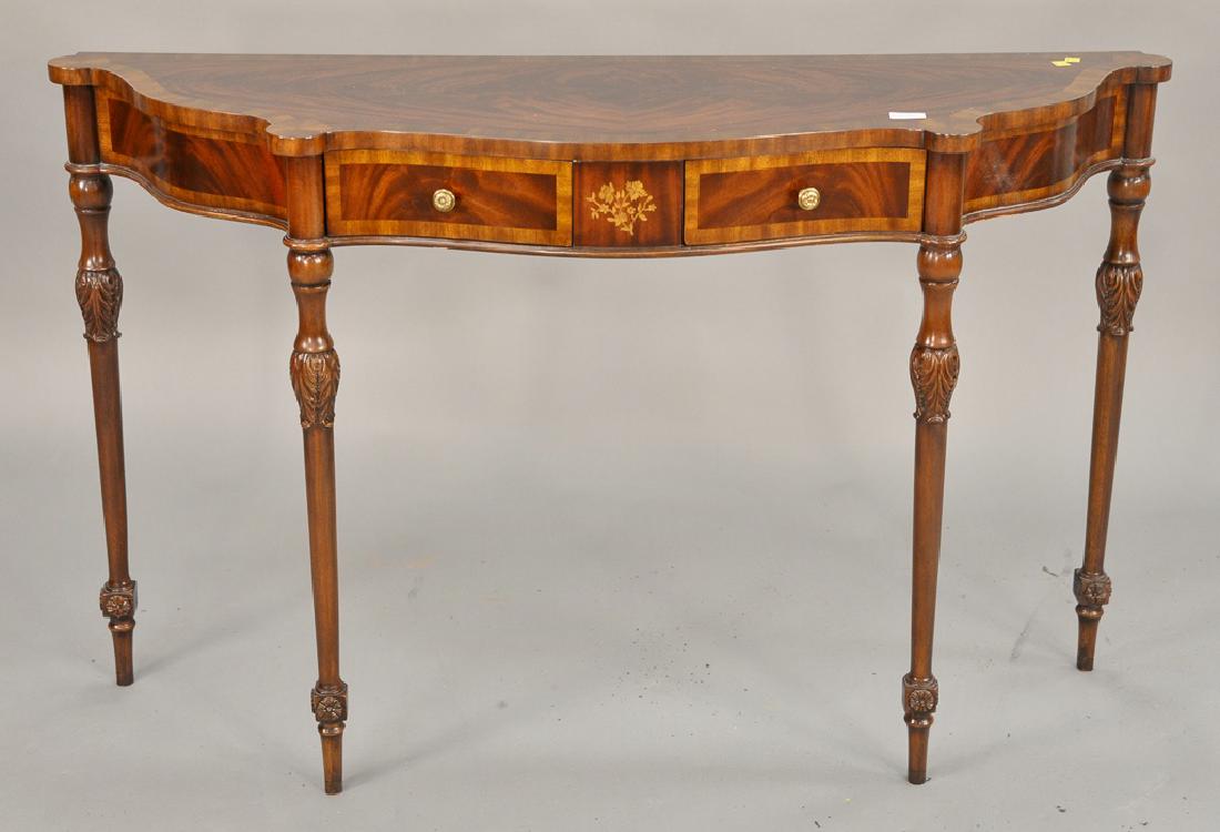 Maitland Smith mahogany console table with banded: Maitland Smith mahogany console table with banded inlays and two drawers. ht. 32 in., wd. 52 in., dp. 15 in.
