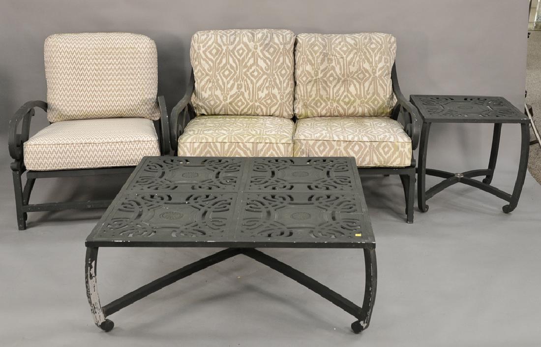 Brown Jordan six piece patio set to include sofa (lg.: Brown Jordan six piece patio set to include sofa (lg. 84 1/2 in.), loveseat (lg. 50 in.), armchair, coffee table, and two side tables, with custom cushions, probably Sunbrella. Provenance: From the Es