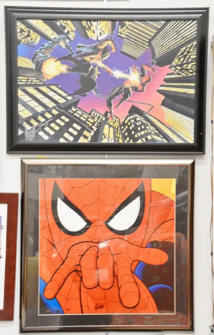 Five piece group of animation art to include Spiderman: Five piece group of animation art to include Spiderman lithograph on canvas, Spiderman by David Beck, Spiderman Marvel 11/250 Spiderman by Grey & Tim Hildebrandt, and Spidermans Five Fantastic Foes Ru
