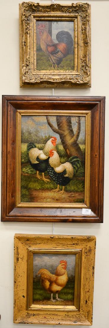 Three oil on canvas paintings of roosters including: Three oil on canvas paintings of roosters including Trevor James (20th century) of two roosters, signed lower right (15 1/2" x 12") and two 20th century paintings unsigned (10" x 8"). Provenance: From