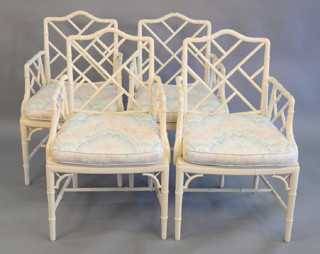 Set of four faux bamboo armchairs with caned seats, one: Set of four faux bamboo armchairs with caned seats, one seat as is.