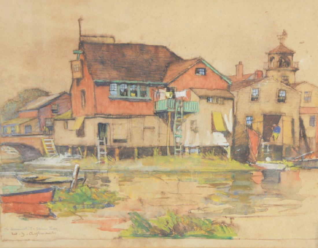 William James Aylward (American, 1875 - 1956),: William James Aylward (American, 1875 - 1956), watercolor, houses near water, signed lower right W J Aylward, inscribed lower right "To Samuel T. Shaw Esq." 8 1/2" x 11"
