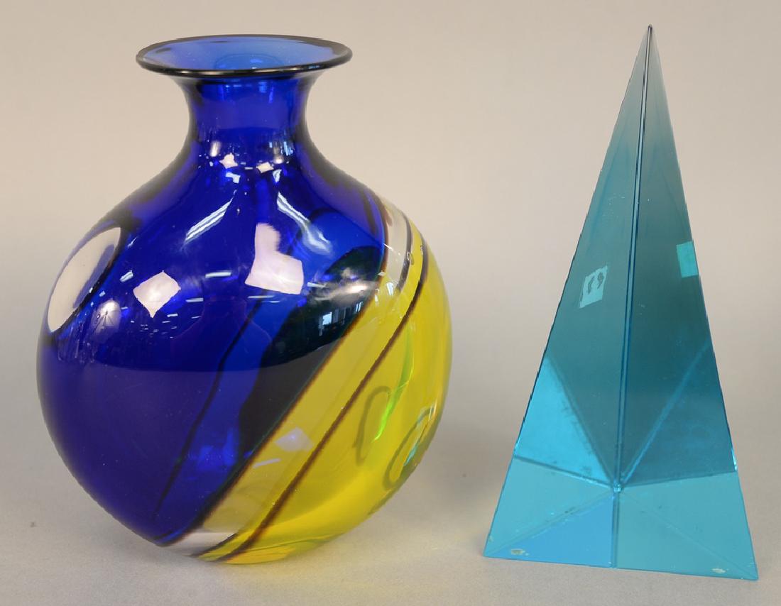 Two piece lot to include Archimede Seguso Murano blue,: Two piece lot to include Archimede Seguso Murano blue, yellow, and clear glass vase (ht. 8 1/2 in.) and Archimede Seguso art glass pyramid, ht. 9 in.