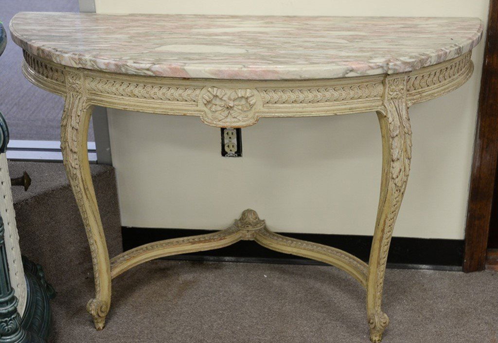 Pair of Louis XV style console tables with marble tops.: Pair of Louis XV style console tables with marble tops. ht. 30 1/2 in., wd. 47 in., dp. 15 3/4 in. Provenance: An Estate from 5th Avenue, New York