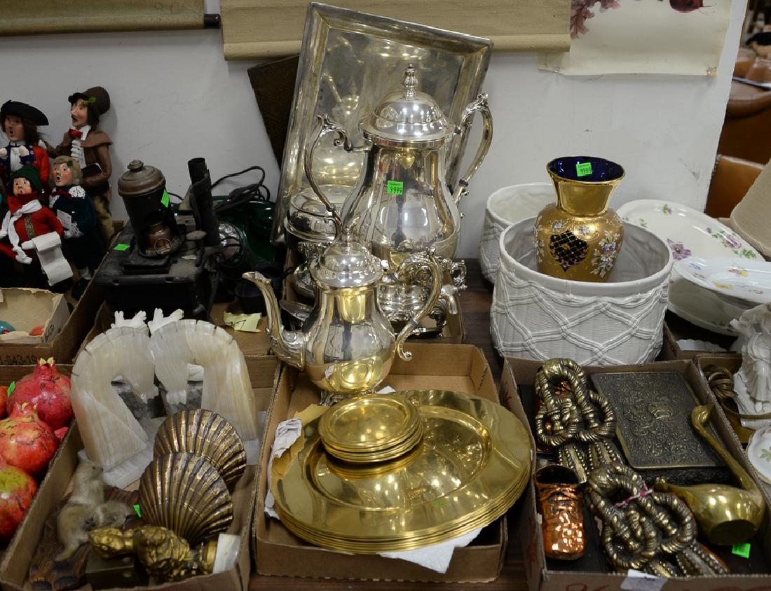 Five tray lots to include silver plated coffee pot, set: Five tray lots to include silver plated coffee pot, set of large brass plates, brass box and swan, copper embossed plaque, iron stove, green signal corps U.S. telephone TP - 6 - A, alabaster horse hea