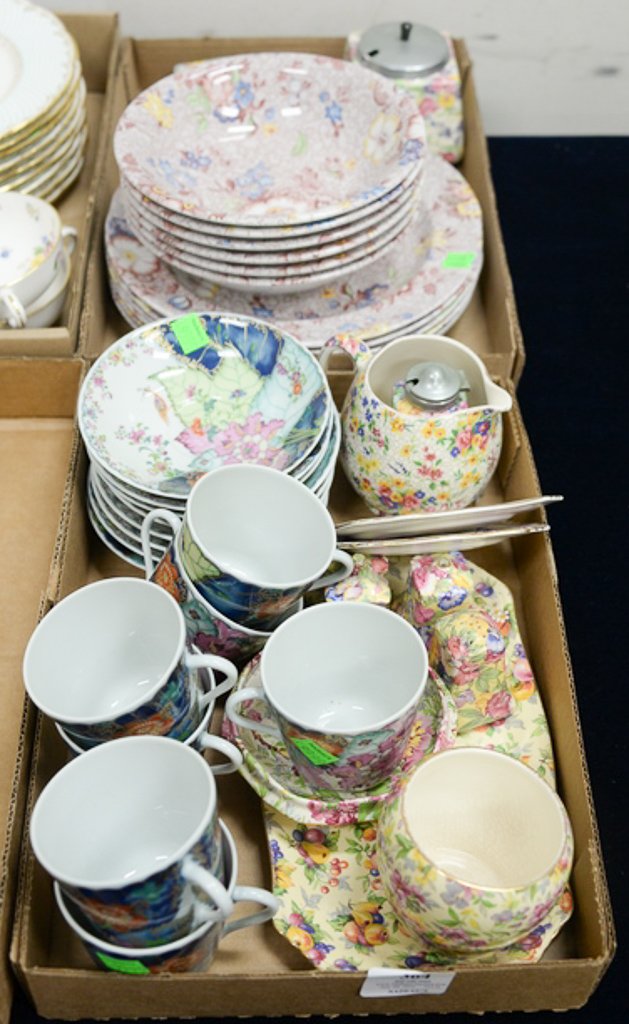 Two box lots to including group of china included seven: Two box lots to including group of china included seven mottahedeh cups and saucers along with Spode, eight Wedgwood plates, and floral decorated china. Provenance: An Estate from 5th Avenue, New York