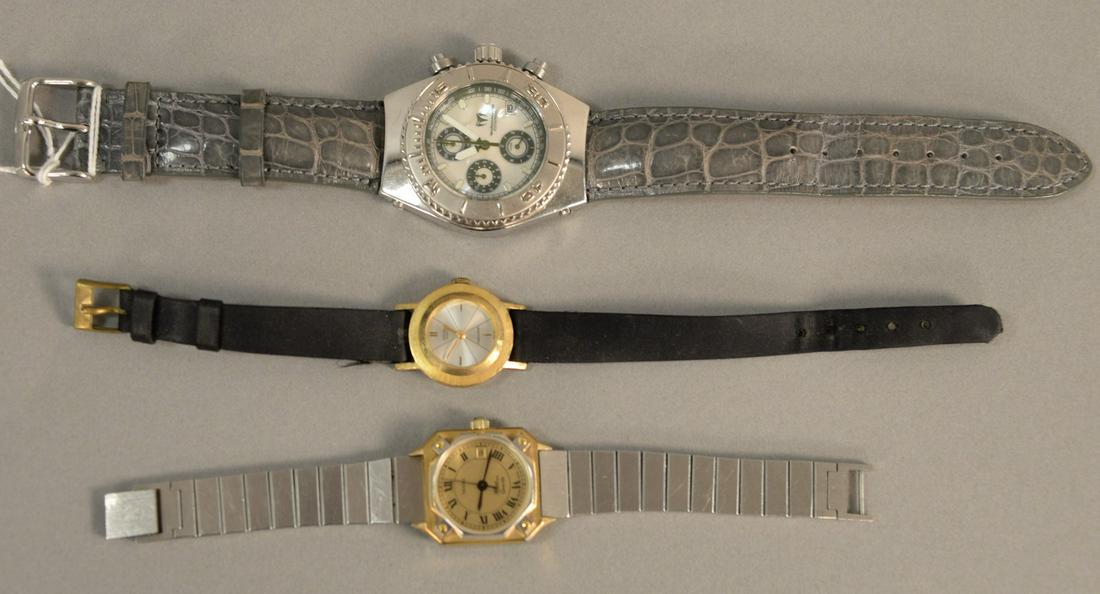 Three wristwatches to include Gucci Quartz ladies: Three wristwatches to include Gucci Quartz ladies watch, Technomarine 200m/660Fl, and Gruen precision lady's watch.
