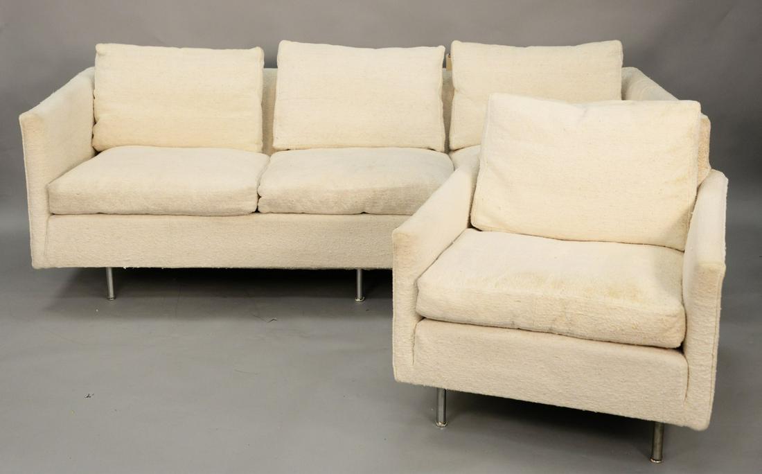 Milo Baughman attributed tuxedo sofa and cube club: Milo Baughman attributed tuxedo sofa and cube club chair metal frame. lg. 89 in.