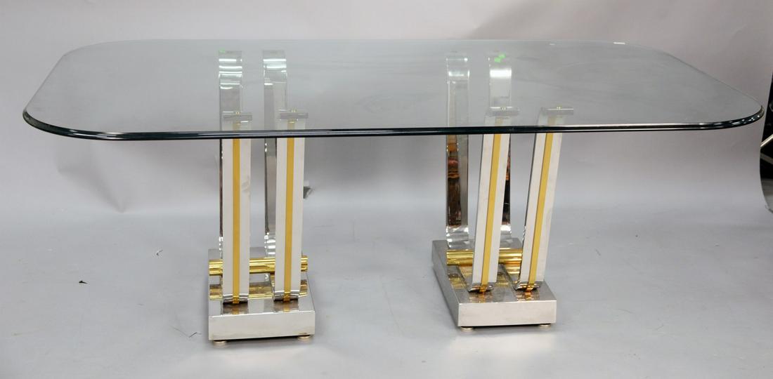 Romeo Rega dining table with glass top and heavy bases: Romeo Rega dining table with glass top and heavy bases which could easily convert to consoles. ht. 29 1/2 in., top: 46" x 80". Estate from Sutton Place, NY. Name withheld by request